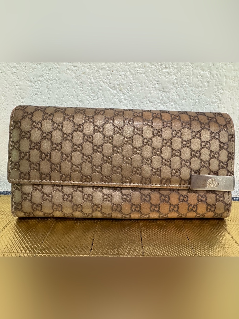 Authentic Gucci Microguccissima Leather Continental Flap Wallet Brown Gold